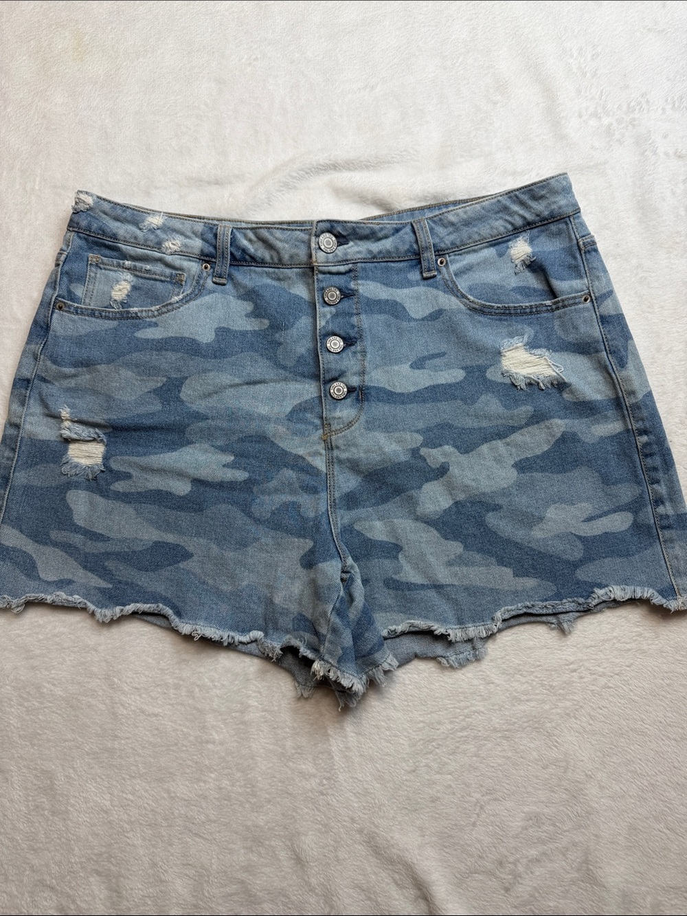 Time and Tru Blue Camo Button-Fly Denim Shorts